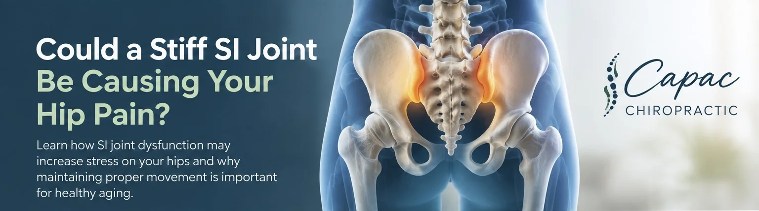 Infographic from Capac Chiropractic asking if a stiff SI joint could be causing your hip pain, featuring an anatomical illustration of the pelvis with highlighted sacroiliac joints
